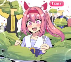 1girl 6+others animal_ears earmuffs fork grass haru_urara_(umamusume) highres hinghoi horse_ears horse_girl multiple_others pink_hair plate school_uniform sparkle sparkling_eyes t-head_trainer_(umamusume) tracen_school_uniform trainer_(umamusume) umamusume