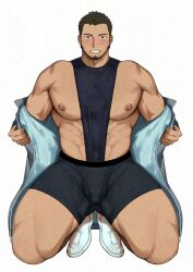 1boy abs bara bare_pectorals beard blush boxers coat covered_penis facial_hair full_beard goburin_second highres huge_pectorals kneeling looking_at_viewer male_focus male_underwear muscular muscular_male nipples open_clothes open_coat original paid_reward_available pectorals presenting_pectorals sanpaku shirt short_hair sleeveless sleeveless_shirt solo thick_eyebrows thick_thighs thighs underwear undressing