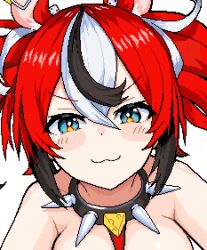 1girl animal_ears black_hair blue_eyes blush breasts cheese choker close-up dice food hakos_baelz hololive hololive_english large_breasts looking_at_viewer mouse_ears multicolored_hair portrait red_hair simple_background smile solo twitter upper_body virtual_youtuber white_background white_hair zou_eita