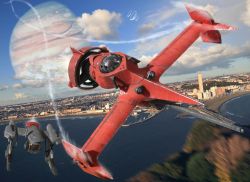 1990s_(style) chasing city cloud contrail cowboy_bebop day dutch_angle flying ganymede gate iwasan jpeg_artifacts jupiter_(planet) motion_blur no_humans photo_background photorealistic realistic red_tail retro_artstyle rolling scenery science_fiction swordfish_ii water