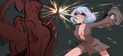 1girl 1other armor black_eyes blue_hair breasts buckler centurii-chan collarbone commentary crucible_knight elden_ring english_commentary fighting full_armor grey_background highres holding holding_shield holding_sword holding_weapon medium_breasts parrying sharp_teeth shield short_hair simple_background smile sweatdrop sword tarnished_(elden_ring) teeth torn_clothes weapon