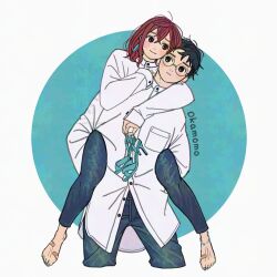 1boy 1girl alternate_costume arm_around_neck ayase_momo bandaid bandaid_on_foot barefoot black_hair blue_nails blue_pants blush brown_hair buttons carrying closed_mouth commentary couple cowboy_shot cropped_legs dandadan denim earrings feet full_body glasses hair_between_eyes heads_together high_heel_sandals holding holding_sandals jeans jewelry k_ysd001 leaning_on_person leaning_to_the_side long_sleeves looking_at_another matching_outfits medium_hair messy_hair nail_polish pants piggyback round_eyewear sandals shirt short_hair straight-on symbol-only_commentary takakura_ken_(dandadan) toenail_polish toenails toes unworn_sandals white_shirt