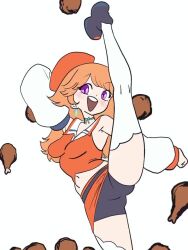 1girl 4others animated black_shoes blush bouncing_breasts breasts earrings feather_earrings feathers fire glowstick hat hololive hololive_english jewelry jiggle kfp_employee_(takanashi_kiara) long_hair looking_at_viewer medium_breasts midriff multiple_others navel no_bra one_leg_raised open_mouth orange_hair orange_hat purple_eyes shoes simple_background smile sound split spread_legs standing standing_on_one_leg standing_split takanashi_kiara takanashi_kiara_(1st_costume) thighhighs video virtual_youtuber white_background white_hat zedd_(zedgawr)