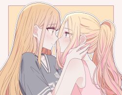 2girls blonde_hair border closed_mouth commentary eye_contact fang from_side fujita_kotone gakuen_idolmaster grey_shirt hand_on_another&#039;s_face highres idolmaster juo_sena kousaka_0v0 long_hair looking_at_another multicolored_hair multiple_girls outline pink_hair pink_tank_top ponytail profile purple_eyes shirt skin_fang smile streaked_hair tank_top white_border white_outline yellow_background yellow_eyes yuri