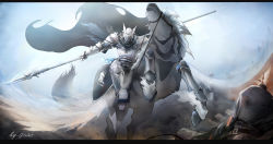 absurdres arknights armor armored_boots armored_dress boots breastplate dress full_armor gauntlets gloves helmet highres holding holding_polearm holding_weapon horse jdhlfire knight lance metal night pauldrons plate_armor polearm shoulder_armor spear war weapon