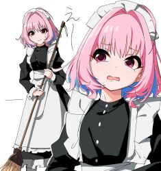 Rule 34 | 1girl, ahoge, apron, black dress, broom, closed mouth, detached ahoge, dress, earrings, fang, frilled apron, frills, hair intakes, highres, holding, holding broom, idolmaster, idolmaster cinderella girls, jewelry, kakki (kackie), long dress, long sleeves, looking at viewer, maid apron, maid headdress, medium hair, multicolored hair, multiple views, open mouth, pink eyes, pink hair, puffy sleeves, simple background, sketch, skin fang, stud earrings, sweatdrop, translated, two-tone hair, white apron, white background, yumemi riamu