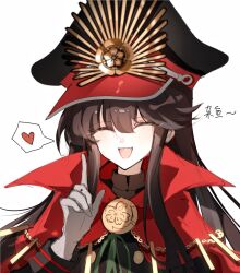 1girl black_hair black_hat black_jacket blush cape closed_eyes facing_viewer fate/grand_order fate_(series) gloves hat heart highres index_finger_raised jacket long_hair long_sleeves oda_nobunaga_(fate) oda_nobunaga_(koha-ace) oda_uri open_mouth peaked_cap red_cape simple_background smile solo spoken_heart white_background white_gloves xixing_chun