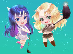 2girls amawashi_aoi belt birdie_wing:_golf_girls&#039;_story blonde_hair blue_background blue_eyes blue_hair blush chibi eve_(birdie_wing:_golf_girls&#039;_story) golf_club green_eyes hair_between_eyes highres holding holding_golf_club looking_at_viewer midriff multiple_girls navel open_mouth setsuna_rio shorts simple_background smile teeth upper_teeth_only
