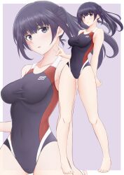 1girl absurdres agatsuma_kaede alice_gear_aegis barefoot black_eyes black_hair black_one-piece_swimsuit border breasts competition_swimsuit covered_navel full_body grey_background highres long_hair looking_at_viewer medium_breasts multicolored_swimsuit multiple_views one-piece_swimsuit ponytail solo standing swimsuit tubamesaapoo two-tone_background two-tone_swimsuit white_border zoom_layer