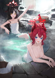 2girls absurdres black_hair blue_archive blue_eyes blush breasts cleavage demon_girl demon_horns highres horns jianjia kasumi_(blue_archive) large_breasts long_hair looking_at_viewer megu_(blue_archive) multiple_girls naked_towel onsen open_mouth ponytail red_hair sidelocks towel very_long_hair yellow_eyes