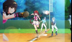 4girls ball baseball baseball_(object) baseball_base baseball_bat baseball_cap baseball_glove baseball_stadium black_footwear black_hair black_ribbon black_socks blue_footwear blue_shirt blurry braid braided_ponytail brown_eyes brown_hair cinderella_series clenched_teeth depth_of_field dust_cloud game_cg hachigatsu_no_cinderella_nine hair_ornament hair_ribbon hairclip hat highres holding holding_baseball_bat kurashiki_maiko leg_up long_hair looking_ahead metal_baseball_bat multiple_girls non-web_source official_art open_mouth outdoors pants playing_sports red_hair ribbon running satogahama_baseball_uniform shirt single_braid socks solo_focus standing teeth tree tsukishima_yui_(hachigatsu_no_cinderella_nine) umpire very_long_hair white_pants
