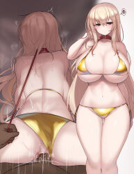 1boy 1girl animal_collar backboob before_and_after bikini bikini_bottom_aside blonde_hair breasts closed_mouth clothing_aside collar dark-skinned_male dark_skin deep_skin doggystyle dot_mouth gold_bikini hand_up hetero highres huge_breasts kubiwa_(kutan) kutan leash leash_pull long_hair navel orange_eyes original red_collar sex sex_from_behind side-tie_bikini_bottom spoken_squiggle squiggle steam swimsuit thighs vaginal viewer_holding_leash