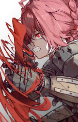 1girl absurdres alternate_costume armor blood blood_on_face blood_sword bloody_tears clenched_teeth commentary danjin_(wuthering_waves) english_commentary from_side gauntlets hand_over_eye highres holding holding_sword holding_weapon looking_ahead red_eyes ryeon_(naturesan) short_hair sideways_mouth solo sword teeth upper_body weapon wuthering_waves