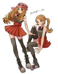 1girl black_thighhighs blonde_hair blue_eyes blush breasts closed_mouth eyelashes eyewear_on_headwear hat highres long_hair looking_at_viewer nintendo pink_hat pokemon pokemon_xy ponytail rain_(tonight_862) red_hat red_skirt serena_(pokemon) shirt skirt sleeveless sleeveless_shirt smile solo sunglasses thighhighs white-framed_eyewear