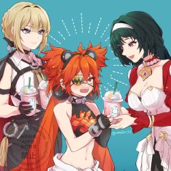 3girls animal_ears astra_yao bear_ear_hairband bear_ears black_gloves black_hair black_pants blonde_hair blush breasts chest_harness cleavage crop_top cup disposable_cup earrings evelyn_chevalier eyepatch fingerless_gloves flame_print gloves hairband harness high-waist_pants highres holding holding_cup jewelry koleda_belobog large_breasts long_hair multiple_girls navel necklace necktie one_eye_covered pants pearl_necklace purple_eyes red_eyes red_hair red_shrug romako_ex shirt smile tight_clothes tight_pants twintails uneven_bangs upper_body white_hairband white_shirt yellow_necktie zenless_zone_zero