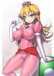 1-up_mushroom 1girl 1up adapted_costume blue_gemstone blush bodysuit breasts brooch closed_mouth covered_erect_nipples covered_navel cowboy_shot crown dress earrings elbow_gloves female_focus gem gloves grey_background hand_gesture impossible_clothes jewelry large_breasts latex latex_suit long_hair looking_at_viewer mario_(series) mushroom nagase_haruhito nintendo princess_peach puffy_short_sleeves puffy_sleeves shiny_clothes short_sleeves simple_background skin_tight smile solo standing v white_gloves