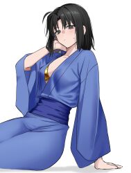 Rule 34 | bikini, bikini under clothes, black eyes, black hair, blue kimono, blue sash, blush, bra, breasts, cleavage, egomeshi, gold bikini, highres, japanese clothes, kara no kyoukai, kimono, long sleeves, looking at viewer, ryougi shiki, sash, short hair, simple background, small breasts, swimsuit, underwear, white background, wide sleeves