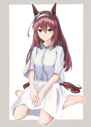 1girl absurdres ahoge alternate_costume animal_ears barefoot blue_eyes border brown_hair dated ear_ornament grey_border grey_hairband hair_between_eyes hairband highres horse_ears horse_girl horse_tail lesoa long_hair looking_at_viewer mihono_bourbon_(umamusume) shirt short_sleeves signature simple_background sitting skirt smile solo tail umamusume wariza white_background white_shirt white_skirt