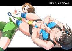 28adg 2girls absurdres blue_eyes boots hair_ornament hairclip highres knee_pads multiple_girls nagano_aoi navel original short_hair translation_request wristband
