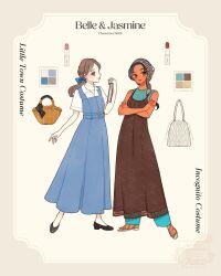 animification bag beauty_and_the_beast_(disney) belle_(disney) black_hair brown_eyes brown_hair company_connection contemporary disney_princess dress highres jasmine_(disney) long_hair looking_at_viewer meecosme multiple_girls ponytail short_hair smile