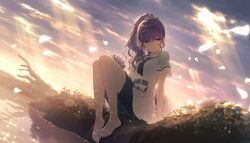 1girl ano_hi_kanadeta_neiro_wo_(project_sekai) asahina_mafuyu barefoot belt black_shorts blue_belt blue_nails breasts colorful_palette dress flower full_body game_cg hair_ornament hair_scrunchie highres looking_at_viewer nail_polish official_alternate_costume official_art petals pleated_dress project_sekai purple_eyes purple_hair scrunchie shorts shorts_under_dress sitting solo third-party_source toenail_polish toenails water white_dress white_flower white_scrunchie