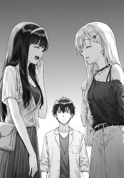 Rule 34 | 1boy, 2girls, asamura yuuta, ayase saki, bag, bare shoulders, belt, breast pocket, brother and sister, brother and step-sister, choker, closed eyes, closed mouth, commentary request, cowboy shot, earrings, floating earrings, gimai seikatsu, gradient background, grey background, greyscale, hair between eyes, hair ornament, hairband, hairclip, hiten (hitenkei), jacket, jewelry, long hair, looking at viewer, monochrome, multiple girls, necklace, novel illustration, official art, open clothes, open jacket, open mouth, parted lips, pleated skirt, pocket, second-party source, shirt tucked in, short hair, short sleeves, siblings, skirt, smile, step-brother and step-sister, step-siblings, sweat, three-quarter sleeves, white background, yomiuri shiori