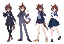 1girl agnes_tachyon_(umamusume) ahoge alternate_costume animal_ears ankle_boots black_pantyhose black_sailor_collar black_shirt black_shoes black_skirt blue_bow blue_bowtie blue_jacket blue_necktie blue_shirt blue_skirt boots bow bowtie brown_boots brown_hair brown_tail buttons closed_mouth collared_shirt commentary_request double-breasted drinking formal_clothes full_body grey_jacket grey_pants grin hair_between_eyes highres horse_ears horse_girl horse_tail jacket lapels light_blush loafers long_sleeves looking_at_viewer medium_hair medium_skirt miniskirt multiple_views necktie open_clothes open_jacket pants pantyhose pocket red_eyes sailor_collar school_uniform shirt shoes short_sleeves sidelocks simple_background skirt smile sneakers socks suit tail tenagaebi umamusume white_background white_shirt white_shoes white_socks yellow_shoes