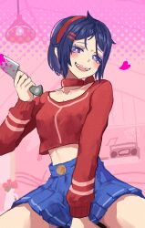 Rule 34 | 1girl, blood, bloody knife, blue eyes, blue hair, blue skirt, commentary request, crazy mita (miside), crazy smile, crop top, fang, flower, hair ornament, hairband, hairclip, heart, heart-shaped pupils, highres, holding, holding knife, knife, lamp, long sleeves, looking at viewer, midriff, miside, mita (miside), open mouth, pink background, pink blood, radio, red hairband, red shirt, ryoha kosako, shirt, short hair, skirt, smile, symbol-shaped pupils, vase