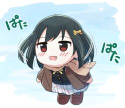 1girl blush bow brown_jacket brown_scarf brown_shoes chibi fang floating full_body green_hair grey_skirt hair_bow highres jacket long_sleeves love_live! love_live!_nijigasaki_high_school_idol_club mifune_shioriko nijigasaki_school_uniform open_mouth red_eyes scarf school_uniform shoes short_hair skirt solo tata_(tataice) winter_uniform yellow_bow
