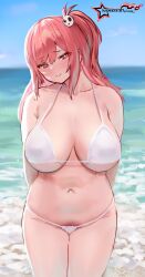 1girl absurdres awesomeerix bare_shoulders beach bikini blue_sky blush breasts cleavage dead_or_alive dead_or_alive_5 female_pubic_hair hair_ornament highres honoka_(doa) large_breasts long_hair looking_at_viewer navel one_side_up pink_eyes pink_hair pubic_hair pubic_hair_peek shore skull_hair_ornament sky solo swimsuit thighs white_bikini