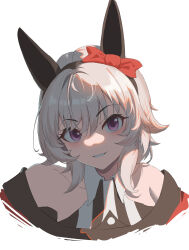 1girl absurdres black_hairband curren_chan_(umamusume) ear_covers hairband highres horse_girl looking_at_viewer off_shoulder purple_eyes shirt short_hair smile solo tuomali umamusume white_background white_shirt