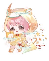Rule 34 | 1girl, ^ ^, ahoge, animal, animal ear hood, animal ears, animal print, ankle socks, boots, bow, bowtie, brown eyes, candy, cat, cat ears, cat print, chibi, chinese commentary, cloak, closed eyes, closed umbrella, clothed animal, cloud print, collared dress, commentary request, commission, cosplay, dress, ear covers, eeeestella, eyelashes, fake ahoge, fake animal ears, food, frilled dress, frills, happy, hat, high collar, highres, holding, holding animal, holding cat, hood, hood up, hooded cloak, hooded dress, infinity nikki, light blush, lightning bolt print, long sleeves, medium dress, medium hair, momo (nikki), momo (nikki) (cosplay), momo rain (infinity nikki), nikki (nikki), nikki (series), open mouth, orange boots, pink hair, platform boots, puffy long sleeves, puffy sleeves, red bow, red bowtie, see-through hood, simple background, smile, socks, sparkle, standing, star (symbol), streamers, sun symbol, tareme, umbrella, visor cap, watermark, wavy hair, whiskers, white background, white hat, white socks, yellow cloak, yellow dress, yellow umbrella