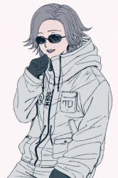 1boy ^_^ aotsuki_eito black_gloves breast_pocket closed_eyes closed_mouth drawstring gloves grey_hair hand_up highres jacket male_focus open_mouth pocket saeji3434 short_hair simple_background smile solo sunglasses teeth the_hundred_line_-last_defense_academy- upper_body upper_teeth_only white_background white_jacket