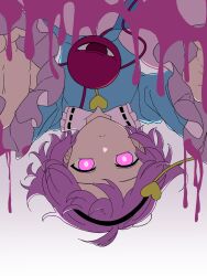 1girl blue_shirt buttons expressionless eyeball glowing glowing_eyes hair_ornament heart heart_button heart_hair_ornament highres komeiji_satori liquid long_sleeves looking_at_viewer pink_eyes shirt short_hair snackdang third_eye touhou upper_body upside-down wide_sleeves