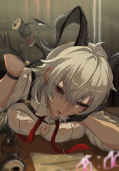 1girl absurdres black_gloves black_horns black_tail blurry blurry_background blurry_foreground breasts button_gap can chest_harness commentary_request crushed_can curled_horns demon_tail depth_of_field drink_can drooling gloves grey_hair hair_between_eyes hand_up harness highres holding holding_pen holding_with_tail horns large_breasts long_hair maron_(cwuv7557) one_eye_closed paper parted_lips pen prehensile_tail red_eyes shirt solo tail white_shirt wuthering_waves zani_(wuthering_waves)