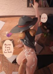 1girl absurdres ass bad_id bad_pixiv_id bent_over blonde_hair blunt_bangs blush breasts bukkake cloak commentary cum cum_on_body cum_on_clothes english_commentary english_text enif_(sushoartworks) erection flask from_above hat highres long_hair naked_cloak notes original penis short_twintails solo_focus speech_bubble sushoartworks twintails uncensored witch_hat