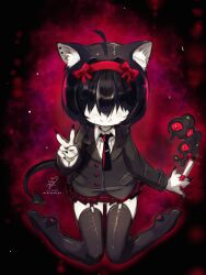 1girl abstract_background ahoge animal_ear_fluff animal_ears ars_lycorys black_garter_straps black_hair black_jacket black_nails black_necktie black_smoke black_thighhighs blazer bow_hairband cat_ears cat_girl cigarette closed_mouth collared_shirt covered_eyes demon_tail facing_viewer fingernails full_body garter_straps hair_over_eyes hairband highres holding holding_cigarette jacket long_fingernails miniskirt mole mole_on_cheek nail_polish necktie no_shoes original pale_skin pleated_skirt red_hairband red_skirt shirt short_hair sitting skirt smile smoke solo tail thighhighs wariza white_shirt