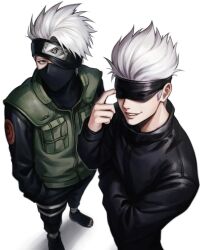 Rule 34 | 2boys, flak jacket, forehead protector, gojou satoru, green jacket, hatake kakashi, highres, jacket, jeongjyoni, jujutsu kaisen, jujutsu tech uniform, konohagakure shinobi uniform, konohagakure symbol, male focus, mask, mouth mask, multiple boys, naruto (series), ninja, ninja mask, short hair, simple background, smile, spiked hair, undercut, uzumaki symbol, white hair