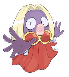 Rule 34 | 1girl, artist name, blonde hair, dress, gen 1 pokemon, highres, jynx, long hair, looking at viewer, nintendo, opals, pink lips, pokemon, pokemon (creature), red dress, simple background, sitting, solo, thick lips, white background