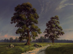 absurdres blue_sky boulder cloud commentary dawn english_commentary field forest highres krita_(medium) landscape nature no_humans original outdoors path philipp_urlich road rock scenery signature sky sunlight tree