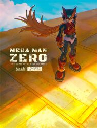 1boy absurdres armor blonde_hair clenched_hand copyright_name forehead_jewel full_body helmet highres long_hair male_focus mega_man_(series) mega_man_zero_(series) missing_commentary noinoichebura red_armor red_helmet solo standing watermark zero(z)_(mega_man) zero_(mega_man)