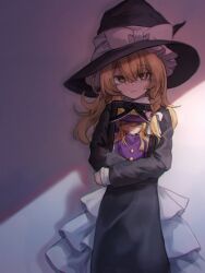 Rule 34 | 1girl, against wall, alternate costume, black bow, black dress, black hat, blonde hair, bow, braid, buttons, character print, closed mouth, commentary, crossed arms, dot nose, dress, dual persona, expressionless, eyelashes, eyes visible through hair, feet out of frame, flipped hair, frilled hat, frills, funeral, hair between eyes, hair over one eye, hat, hat bow, highres, holding, iei, karasu2020 8, kirisame marisa, kirisame marisa (pc-98), light, long hair, long sleeves, looking at viewer, phantasmagoria of dim.dream, photo (object), purple dress, purple hat, raised eyebrows, shaded face, shadow, sidelighting, single braid, sleeves past wrists, smile, solo, standing, straight-on, touhou, touhou (pc-98), turtleneck, turtleneck dress, white bow, witch hat, yellow bow, yellow eyes