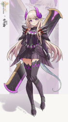 1girl absurdres alternate_costume arknights armor armored_boots armored_dress black_boots black_dress black_thighhighs blonde_hair blush boots chinese_commentary commentary_request copyright_name dress full_body gauntlets halftone highres horns indigo_(arknights) jiuyu_qame knee_boots long_hair looking_at_viewer monster_hunter_(series) monster_hunter_wilds parted_lips pink_horns pointy_ears purple_eyes solo standing thighhighs zoom_layer