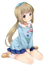 Rule 34 | 1girl, arms between legs, blue bow, blue shirt, blue skirt, blush, bow, breasts, brown eyes, brown hair, closed mouth, collarbone, dot mouth, dot nose, hair bow, hair tie, highres, idolmaster, idolmaster cinderella girls, idolmaster cinderella girls starlight stage, kindergarten uniform, long hair, long sleeves, looking at viewer, michii yuuki, miniskirt, name tag, pleated skirt, ponytail, shirt, shoes, simple background, sitting, skirt, small breasts, socks, solo, very long hair, wariza, white background, white socks, yorita yoshino