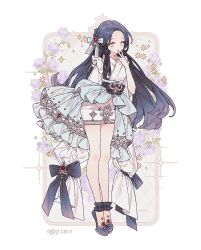 1girl black_hair bow dress flower full_body hair_ornament hair_ribbon lemon89h long_hair looking_at_viewer original parted_bangs ribbon rococo_movement solo standing very_long_hair white_flower yellow_eyes