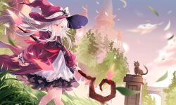 1girl absurdres artist_request black_cat bow cat check_artist cloud coat dress falling_leaves floating_hair grass hat hat_bow highres holding holding_staff kaeee layered_dress leaf long_hair long_sleeves outdoors red_coat red_eyes red_hat revived_witch sky staff tree very_long_hair white_bow white_dress white_hair wind witch witch_(revived_witch) witch_hat