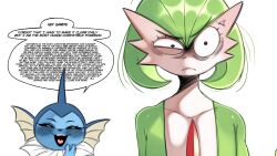 2girls :3 anger_vein angry animal_nose bags_under_eyes black_eyes black_sclera blue_skin blush bob_cut closed_mouth collarbone colored_sclera colored_skin constricted_pupils cropped english_text female_focus fins furry furry_female gardevoir gen_1_pokemon gen_3_pokemon green_hair green_skin hair_between_eyes half-closed_eye half-closed_eyes hand_to_own_mouth happy head_fins heart heart_in_mouth looking_at_another meme multicolored_skin multiple_girls nintendo open_mouth pokemon pokemon_(creature) saltyxodium short_hair simple_background smile smug speech_bubble talking teeth two-tone_skin uneven_eyes upper_body v-shaped_eyebrows vaporeon vaporeon_copypasta_(meme) white_background white_eyes white_skin