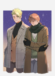 Rule 34 | 2boys, absurdres, achilles (fate), black gloves, black shirt, blush, border, brown hair, cold, cropped legs, fate/grand order, fate (series), gloves, green hair, grey border, grey jacket, grey pants, hector (fate), highres, itokon300, jacket, long sleeves, male focus, multiple boys, open mouth, pants, ponytail, scarf, shirt, short hair, trembling