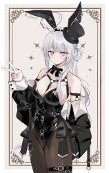 absurdres animal_ears arm_belt bare_shoulders belt black_hat blue_nails blush breasts chiemo_(xcem) cleavage cross detached_collar fishnet_pantyhose fishnets hair_between_eyes hair_bun hair_ornament halo harness harness_belt hat heart heart_hair_ornament highleg highleg_leotard highres jacket leather leather_belt leather_strap leotard long_hair looking_at_viewer medium_breasts nail_polish neck o-ring o-ring_harness open_clothes open_jacket original pantyhose pink_eyes playboy_bunny purple_eyes rabbit_ears ribbon simple_background smile standing straight_hair taut_leotard thigh_belt thigh_strap thighs v white_background white_hair