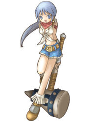 1girl 2000s_(style) artist_request bad_id bandana belt blacksmith_(ragnarok_online) blue_eyes blue_hair blue_shorts boots breasts brown_belt brown_boots brown_gloves cleavage collared_shirt crop_top fingerless_gloves full_body gloves hammer heart heart_tattoo holding holding_hammer long_hair looking_at_viewer low_ponytail lowres medium_breasts midriff navel official_art open_mouth ponytail ragnarok_online red_bandana shirt short_shorts shorts shoulder_tattoo simple_background sleeveless sleeveless_shirt smile solo standing tattoo tied_shirt white_background white_shirt